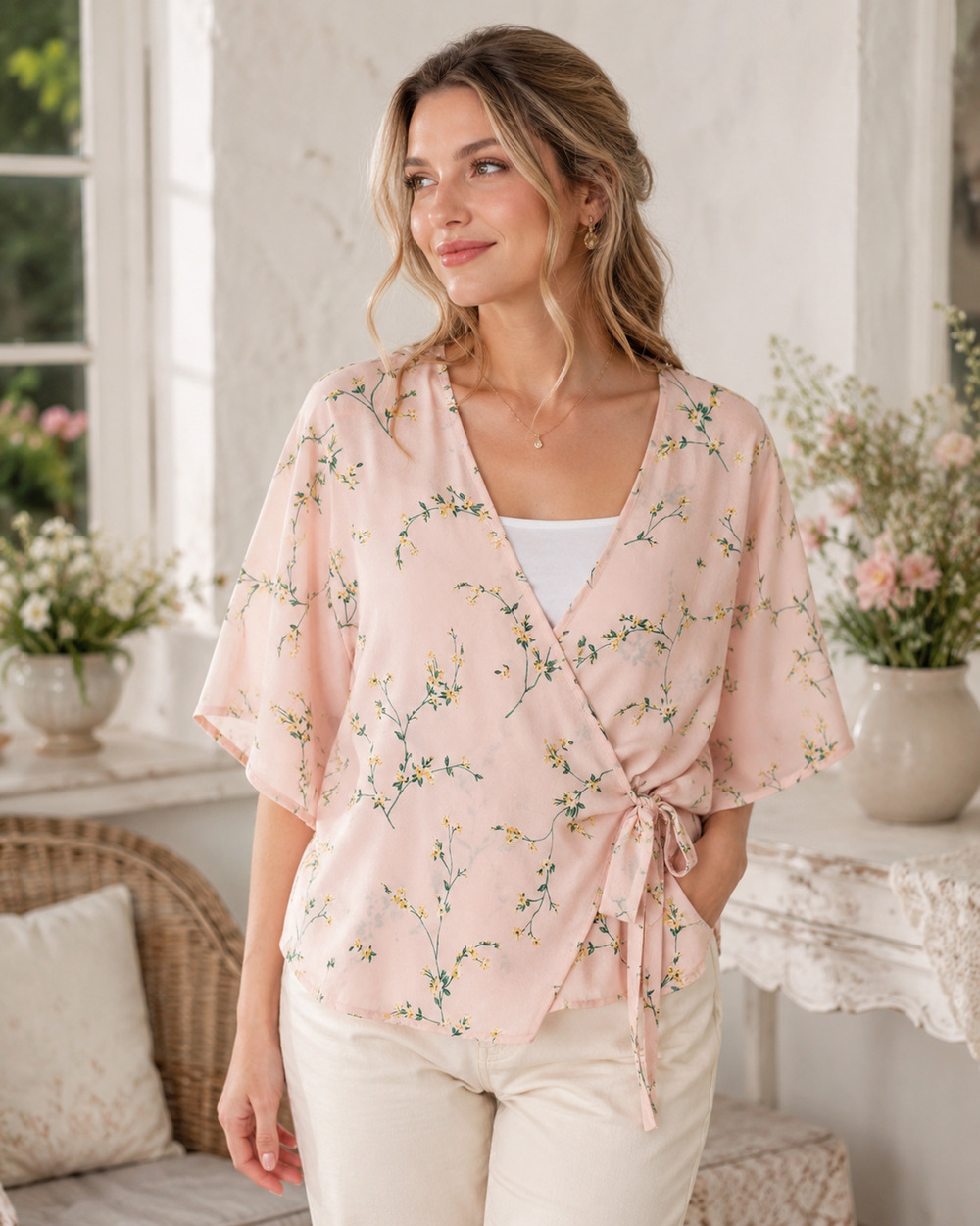 Express Womens Top Medium Floral Faux Wrap Short Sleeve Cottagecore Romantic